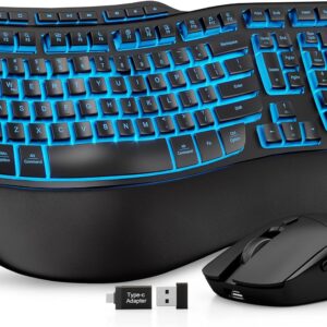 SABLUTE Ergonomic Wireless Keyboard and Mouse Combo, Rechargeable 4000mAh Backlit Keyboard with Soft Faux Lambskin Palm Rest, Wave Keys for Natural Typing, Compatible with Windows/Mac/Chrome OS